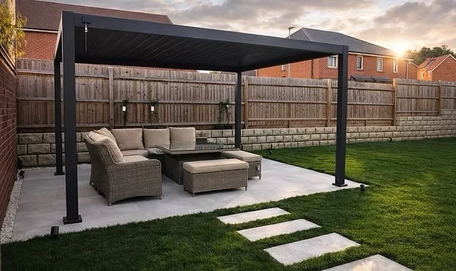 Supplied project photograph of an aluminium pergola over a paved seating area