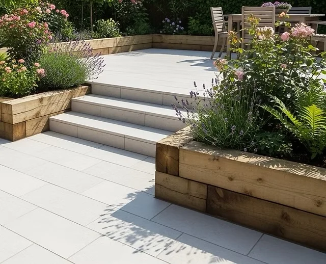 Supplied project photograph showing flowering borders, timber planters and paved steps